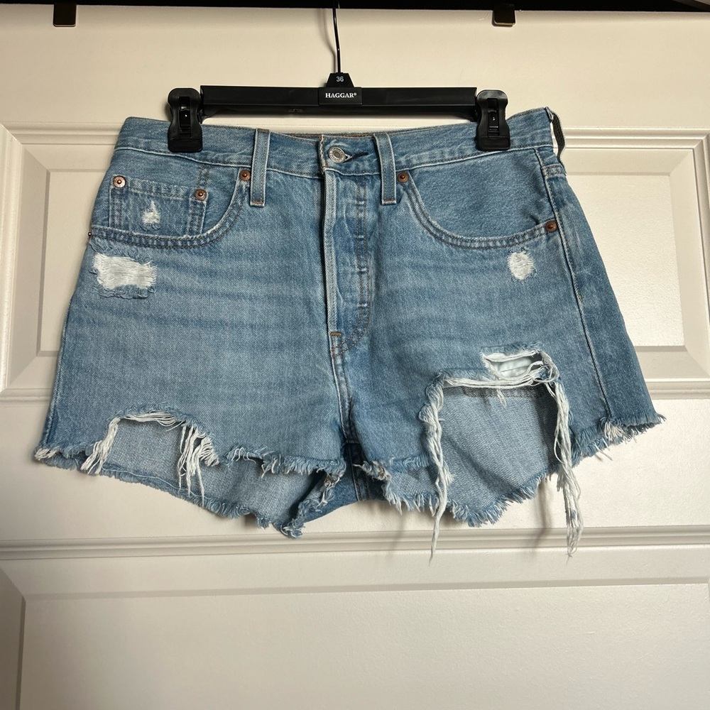 Levi's Blue High-Waisted Distressed Jean Shorts